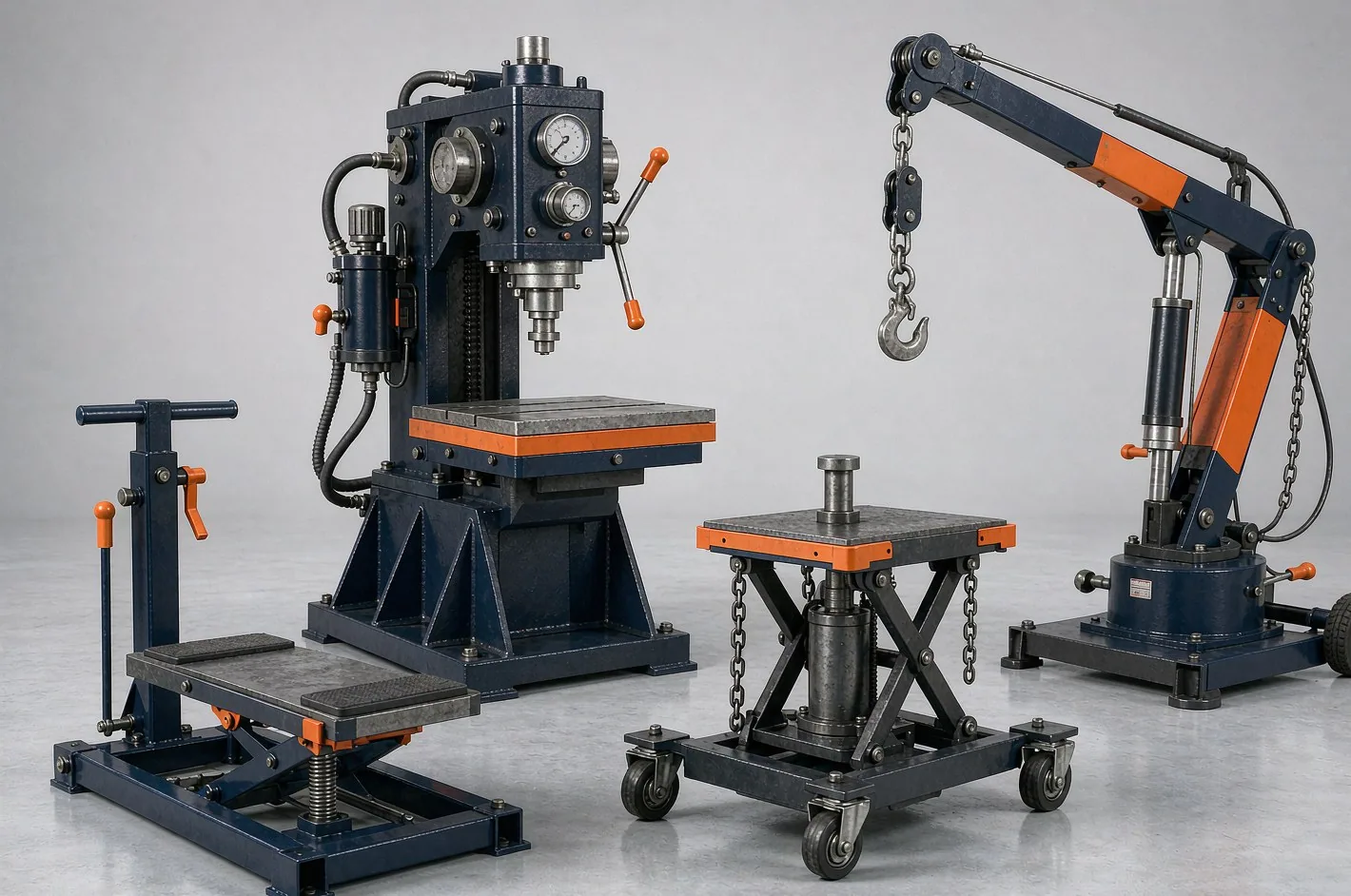 Workshop equipment including shop press, shop crane and transmission jack